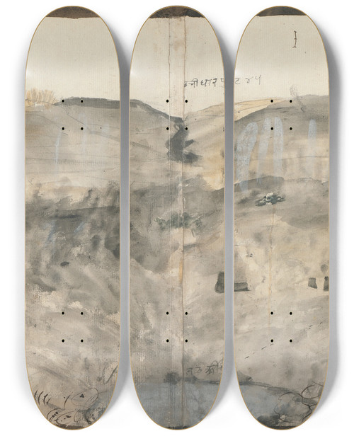 Triptych art skateboard deck of Gangaram Chintaman Tambat The Waterfall Of Doomar Leyna Dry Except In Rains by Gangaram Chintaman Tambat