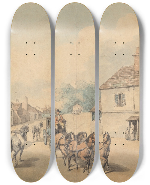 Triptych art skateboard deck of Samuel Howitt A Coach And Four Passing Through Chippenham Wiltshire by Samuel Howitt (1756-1822)