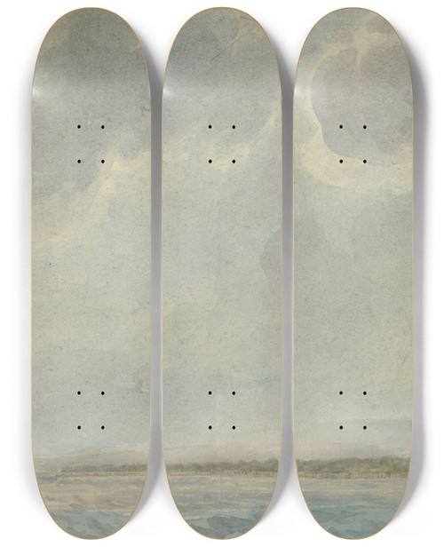 Triptych art skateboard deck of Willey Reveley Stormy Landscape With Rockfall At Right Viewed From The Sea by Willey Reveley (1760-1799)