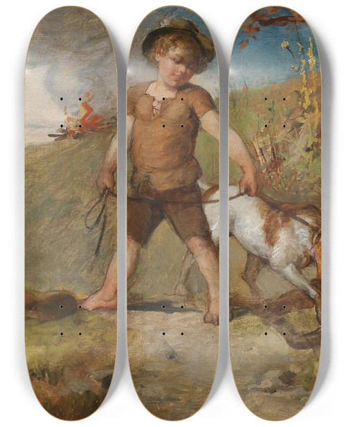 Triptych art skateboard deck of Julius Von Blaas Allegorie Auf Die Jagd by Julius Von Blaas (1845-1923)