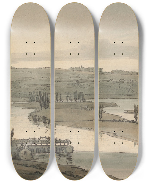 Triptych art skateboard deck of Thomas Girtin The Waterworks At Marly And St Germainenlaye Seen In The Distance by Thomas Girtin (1775-1802)