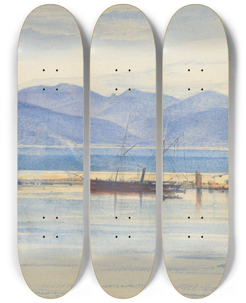 Triptych art skateboard deck of Edward Lear A View Of The Harbour At Cannes by Edward Lear (1812-1888)
