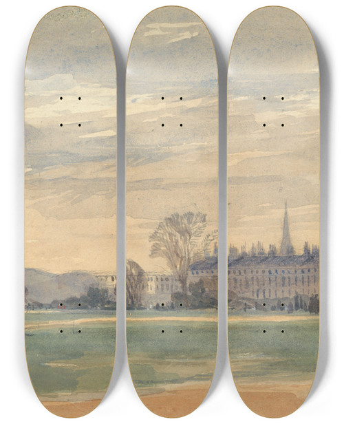 Triptych art skateboard deck of Thomas Shotter Boys Cumberland Terrace Regents Park A View Looking Toward Gloucester Gate A Troop Of Life Guards Exercising To The Right by Thomas Shotter Boys (1803-1874)