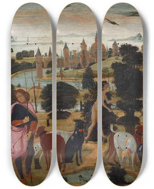 Triptych art skateboard deck of Jacopo Del Sellaio Diana Andactaeon by Jacopo del Sellaio (1441-1493)