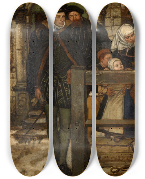 Triptych art skateboard deck of Jan August Hendrik Leys At The Town Gate by Jan August Hendrik Leys (1815-1869)