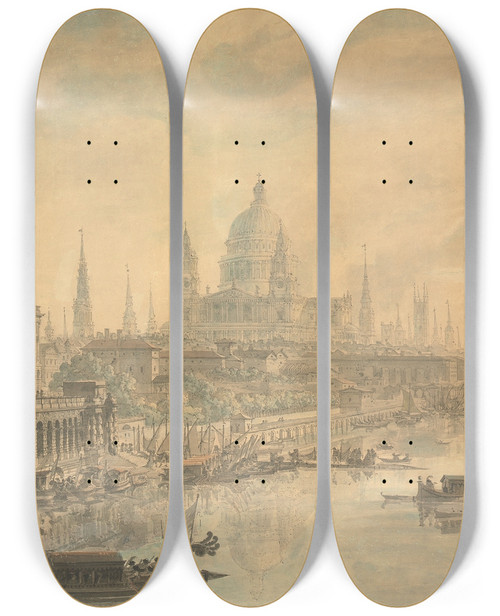 Triptych art skateboard deck of Louis Jean Desprez Somerset House Saint Pauls Cathedral And Blackfriars Bridge_2 by Louis Jean Desprez (1743-1804)