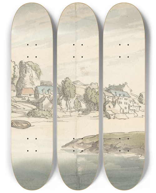 Triptych art skateboard deck of Thomas Rowlandson View Of Town On A River Carwitham Castle by Thomas Rowlandson (1756-1827)