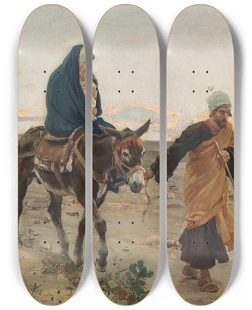 Triptych art skateboard deck of Raffaello Sorbi Flucht Nach Gypten_1 by Raffaello Sorbi (1844-1931)