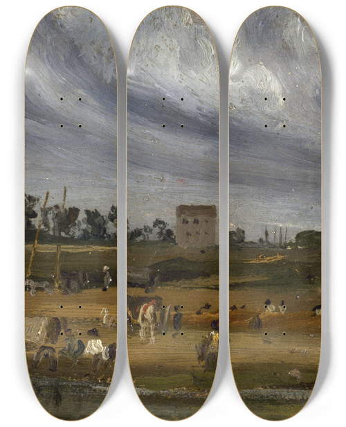 Triptych art skateboard deck of Paul Huet Bords De Seine La Barrire De La Cunette Prs Du Champdemars by Paul Huet (1803-1869)