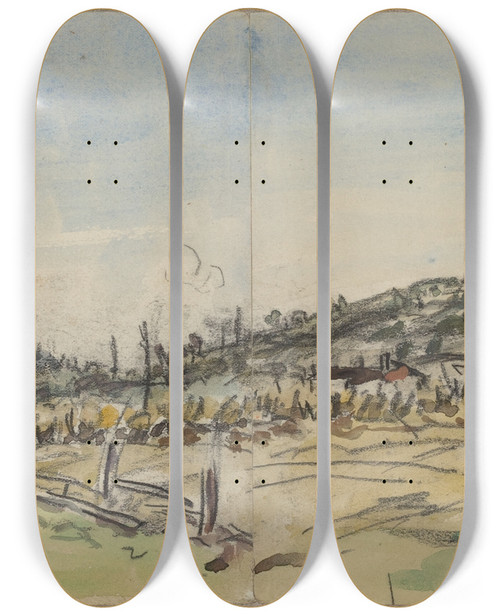 Triptych art skateboard deck of Johan Barthold Jongkind Countryside Near Brezins Between Grenoble And Vienne by Johan Barthold Jongkind (1819-1891)