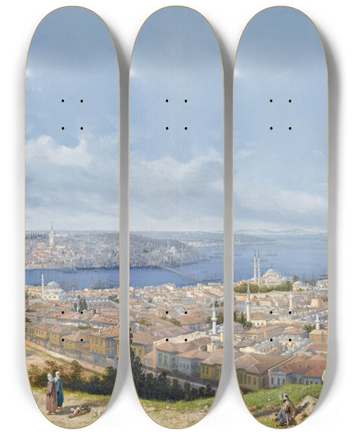 Triptych art skateboard deck of Girolamo Gianni Panoramic View Of Constantinople View From Beyazit by Girolamo Gianni (1837-1895)
