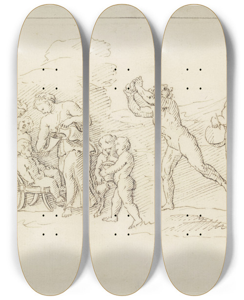 Triptych art skateboard deck of Raymond Lafage Die Erziehung Des Bacchus by Raymond Lafage (1656-1682)