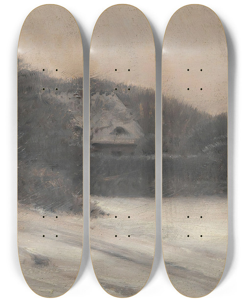 Triptych art skateboard deck of August Jerndorff Huset Laa I Byens Yderste Udkant Om Sommeren Ganske Skjult Af Den Tilgroede Have by August Jerndorff (1846-1906)