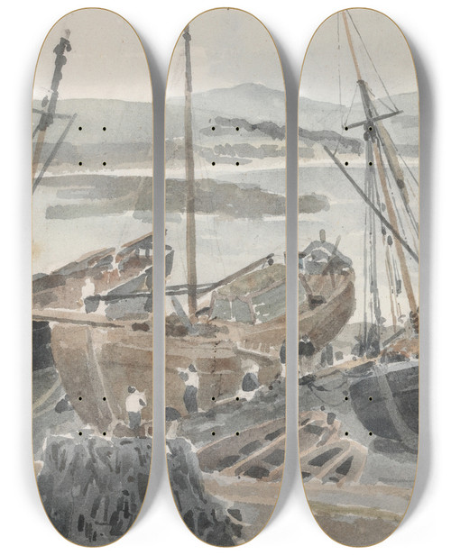 Triptych art skateboard deck of John Samuel Hayward Penzance Pier From The Dolphin Inn Window October 15 1807 by John Samuel Hayward (1778-1822)