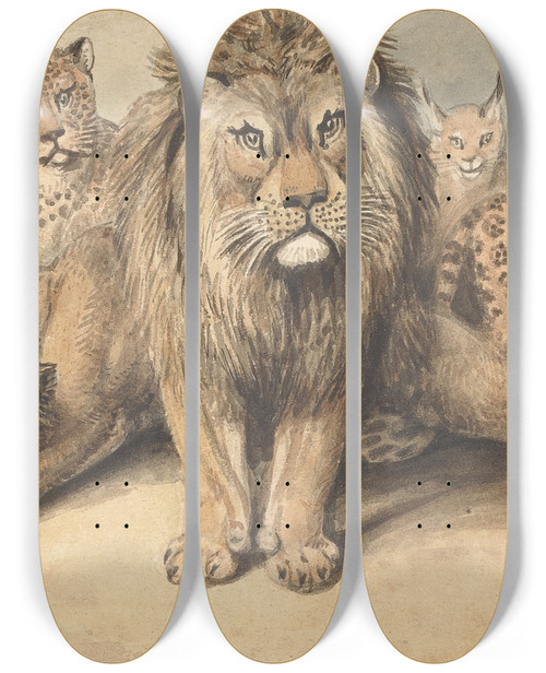 Triptych art skateboard deck of Samuel Howitt Animals Of The Cat Family With A Bear And Foxes by Samuel Howitt (1756-1822)