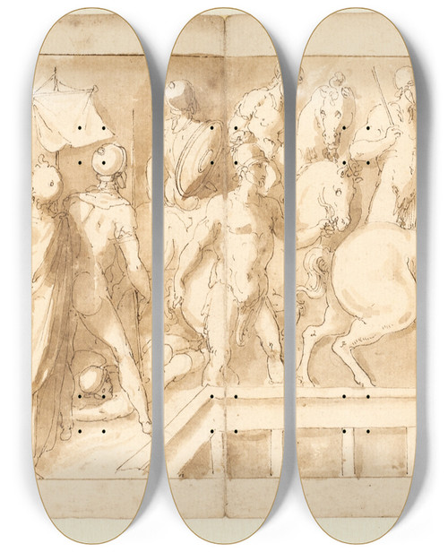 Triptych art skateboard deck of Giovanni Guerra Romerske Soldater Opfrer En Lejr En Meddelelse Gives Romere Krydser En Flod Over En Pontonbro Kvinder Tages Til Fange by Giovanni Guerra (1544-1618)