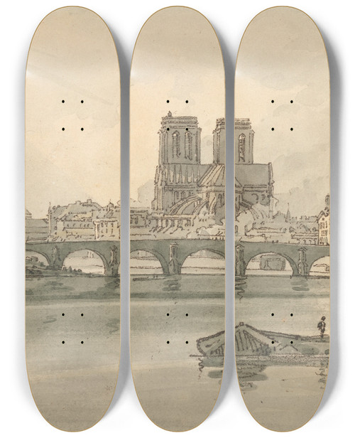 Triptych art skateboard deck of Thomas Girtin A View Of The Pont De La Tournelle And Notre Dame Taken From The Arsenal by Thomas Girtin (1775-1802)