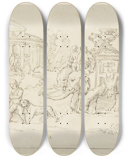 Triptych art skateboard deck of Raymond Lafage The Triumph Of Bacchus by Raymond Lafage (1656-1682)