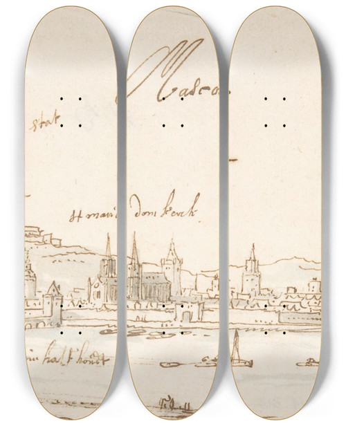 Triptych art skateboard deck of Jan Peeters The Elder View Of Mcon Seen From The East by Jan Peeters the elder (1624-1677)
