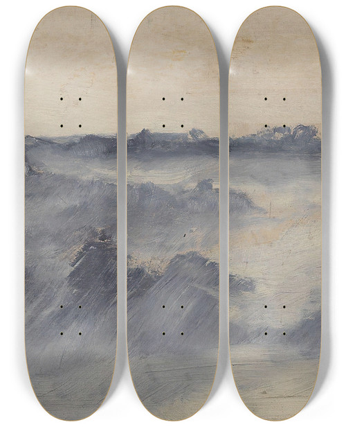 Triptych art skateboard deck of August Jerndorff De Svaje Rr Stak De Flossede Dupper Op I Den Violette Damp Og Et Lavt Hus Hvis Yderveg Var Flettet Av Disse Rr Stak Taget Op Igennem Dampen by August Jerndorff (1846-1906)