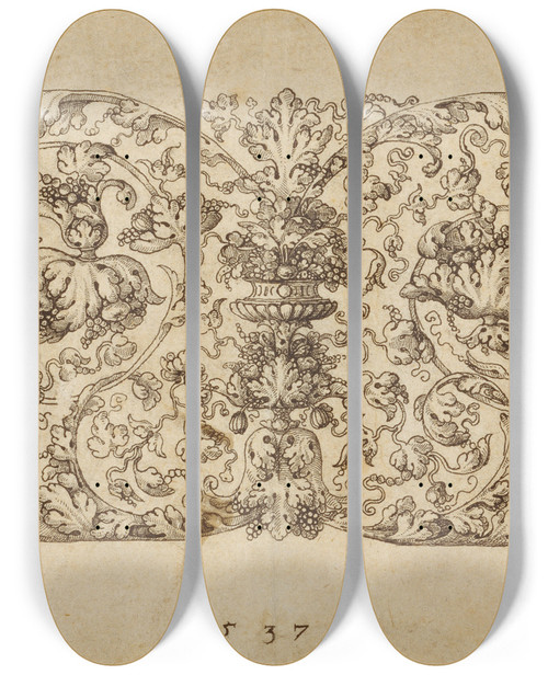 Triptych art skateboard deck of Virgil Solis Design For A Frieze Of Grapevines by Virgil Solis (1514-1562)