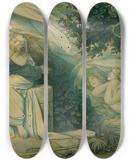 Triptych art skateboard deck of Moritz Von Schwind Die Schne Melusine X Das Wiederfinden by Moritz Von Schwind (1804-1871)