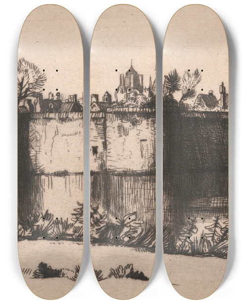 Triptych art skateboard deck of William Strang Ramparts Of Ypres From The Flemish Set by William Strang (1859-1921)