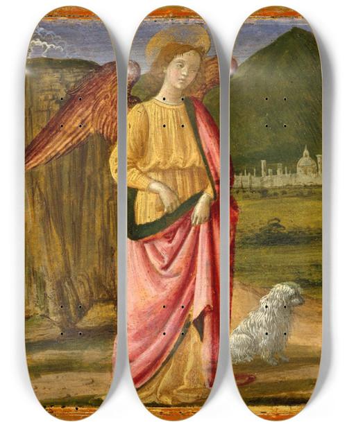 Triptych art skateboard deck of Davide Ghirlandaio Tobias And The Angel by Davide Ghirlandaio (1452-1525)