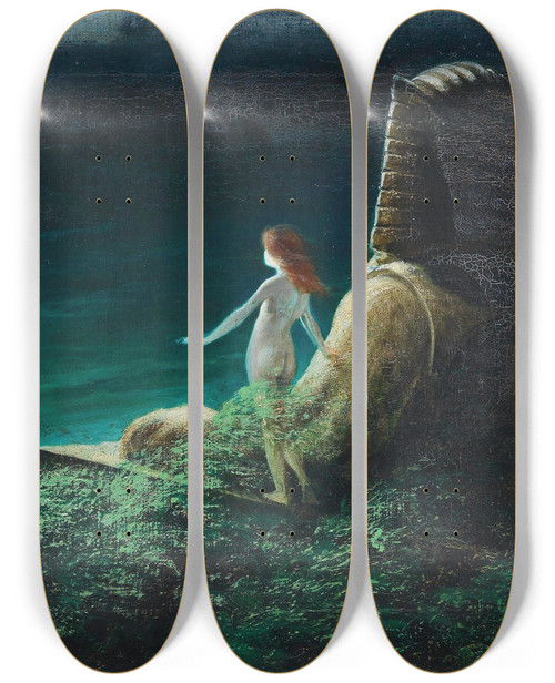Triptych art skateboard deck of Karl Wilhelm Diefenbach Sphinx Mit Undine by Karl Wilhelm Diefenbach (1851-1913)