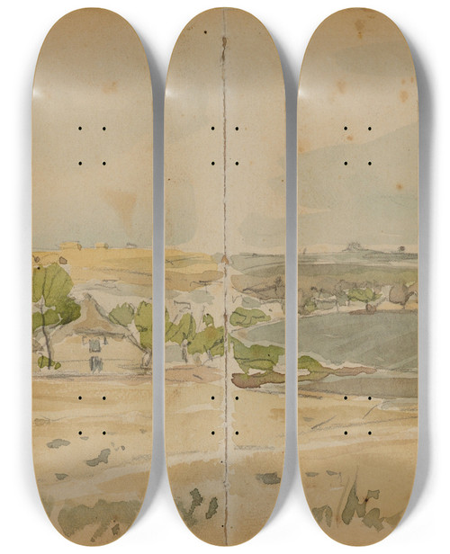 Triptych art skateboard deck of Juliusz Kossak View Of Taurw In Podole by Juliusz Kossak (1824-1899)
