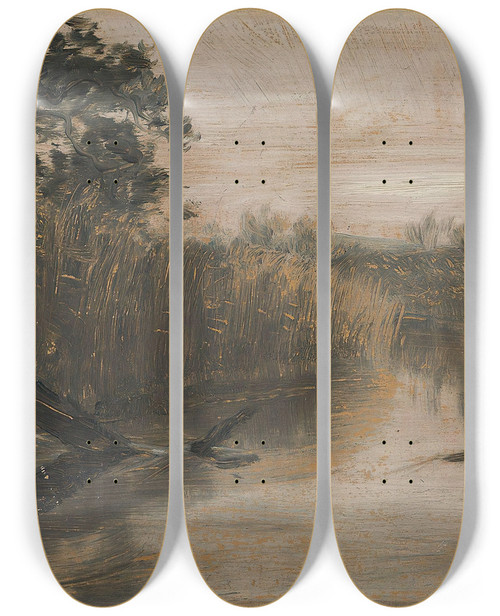 Triptych art skateboard deck of August Jerndorff De Hje Rr Med De Svaje Blde Duske Og De Siv Og De Krogede Ellestammer Og Buskene Langs Aaen by August Jerndorff (1846-1906)