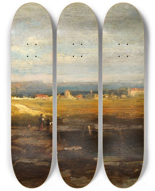 Triptych art skateboard deck of Carl Spitzweg Flachlandschaft Im Vorgebirge by Carl Spitzweg (1808-1880)