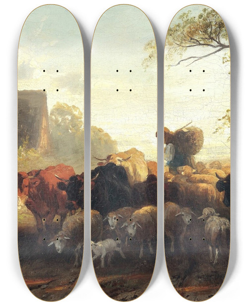 Triptych art skateboard deck of Christian Mali  Begegnung Auf Der Dorfstrae by Christian Mali (1832-1906)