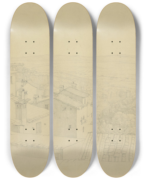 Triptych art skateboard deck of Nikolaus Hoff Aussicht Von Der Wohnung Des Knstlers Ber Die Dcher Von Perugia Mit Dem Haus Des Perugino Aus Dessen Fenster Ein Raucher Blickt by Nikolaus Hoff (1798-1873)