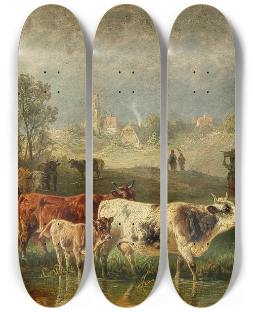 Triptych art skateboard deck of Friedrich Voltz Returning From The Field In The Background A Small Village by Friedrich Voltz (1817-1886)