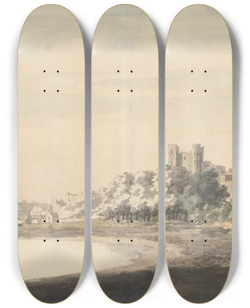 Triptych art skateboard deck of Jonathan Skelton The Bridge And Castle At Rochester by Jonathan Skelton (1735-1759)