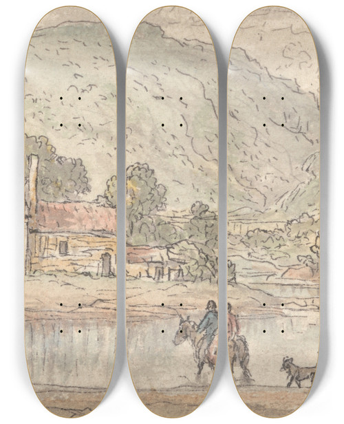 Triptych art skateboard deck of James Duffield Harding Fording The Stream In A Mountain Valley by James Duffield Harding (1798-1863)