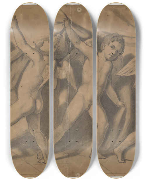 Triptych art skateboard deck of Johan Ludvig Lund Udkast Til Det Kgl Teaters Fortppe Putti Der Trkker Tppet Til Side by Johan Ludvig Lund (1777-1867)