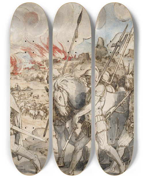 Triptych art skateboard deck of Hans Holbein The Younger Samuel Flucht Saul by Hans Holbein The Younger (1497-1543)