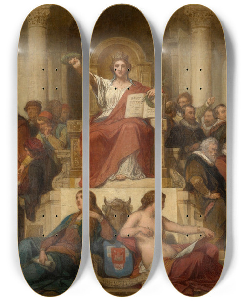 Triptych art skateboard deck of Nicaise De Keyser The City Of Antwerp Gothic And Renaissance Surrounded By Artists by Nicaise De Keyser (1813-1887)