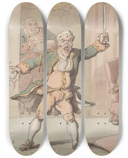 Triptych art skateboard deck of Thomas Rowlandson Stage Struck Or Digging In All The Worlds A Stage by Thomas Rowlandson (1756-1827)