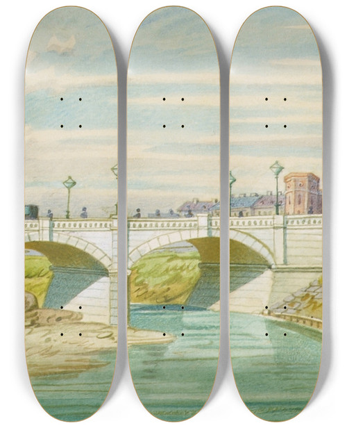 Triptych art skateboard deck of Franz Gerasch Die Radetzkybrcke Ber Den Wienfluss Mit Seiner Ausmndung In Die Donau by Franz Gerasch (1826-1906)
