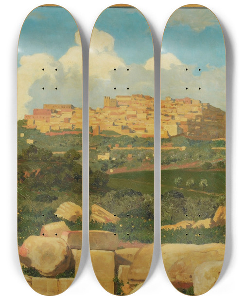 Triptych art skateboard deck of Rgnault Sarasin Agrigento Seen From The Temple Of Castor And Pollux by Regnault Sarasin (1886-1943)