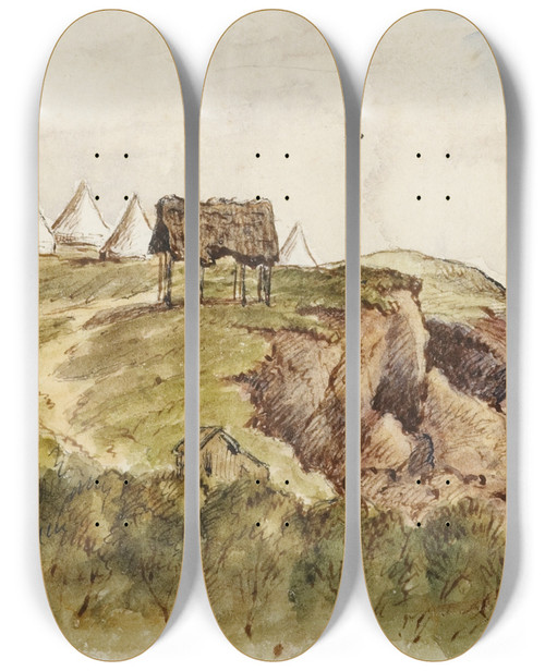 Triptych art skateboard deck of George Sherriff Camp At Pungarehu_2 by George Sherriff (1846-1930)