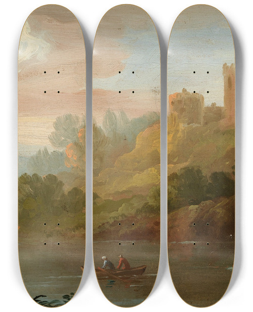 Triptych art skateboard deck of George Barret A River Scene by George Barret (1767-1842)