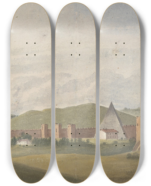 Triptych art skateboard deck of Isaac Weld Walls Of Rome The Aurelian Wall With The Pyramid Of Cestius by Isaac Weld (1774-1856)