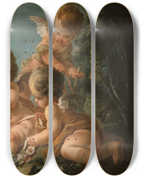 Triptych art skateboard deck of Jeanfranois Clermont Groupe De Six Amours Jouant Avec Un Chien by Jean-Franois Clermont (1717-1807)