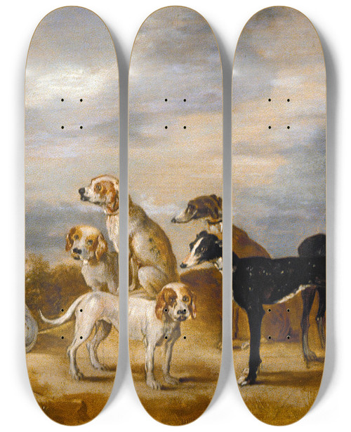Triptych art skateboard deck of Workshop Of David Teniers The Younger A Hunter With Eight Hounds by workshop of David Teniers the Younger (1610-1690)