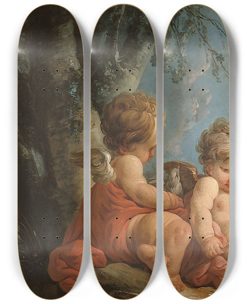 Triptych art skateboard deck of Jeanfranois Clermont Groupe De Cinq Amours Jouant Avec Des Colombes by Jean-Franois Clermont (1717-1807)