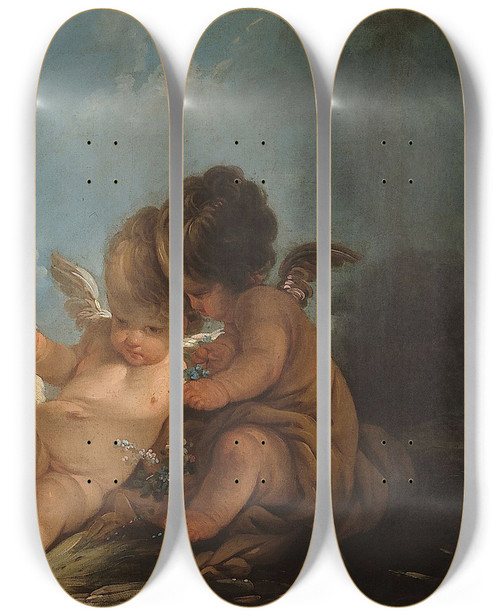 Triptych art skateboard deck of Jeanfranois Clermont Groupe De Cinq Amours Jouant Avec Deux Moutons by Jean-Franois Clermont (1717-1807)